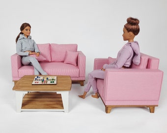 Dollhouse Furniture Set. Miniature Sofa, Couch, Armchair, Table For 1:6 Scale Dollhouse