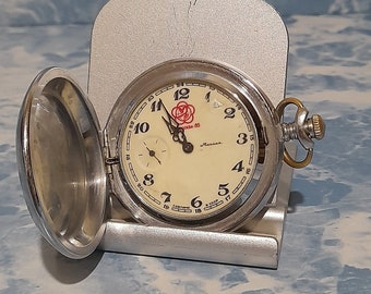 Molnija Pocket Watch with Rose: 1970s USSR Mechanical Timepiece