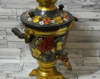 Khokhloma Samovar: Hand-Painted Brass Teapot, USSR Kitchen Decor