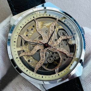 Collectible Skeleton Watch – Transparent Movement – Retro Mechanical Wristwatch – Steampunk Gift for Him