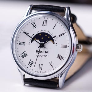 ULTRA RARE vintage Moon Phase Watch RAKETA-Real Moon Phases Space-Round Face-Moon Watches-Soviet Ussr-Mens Womans Watch-Gift for him her