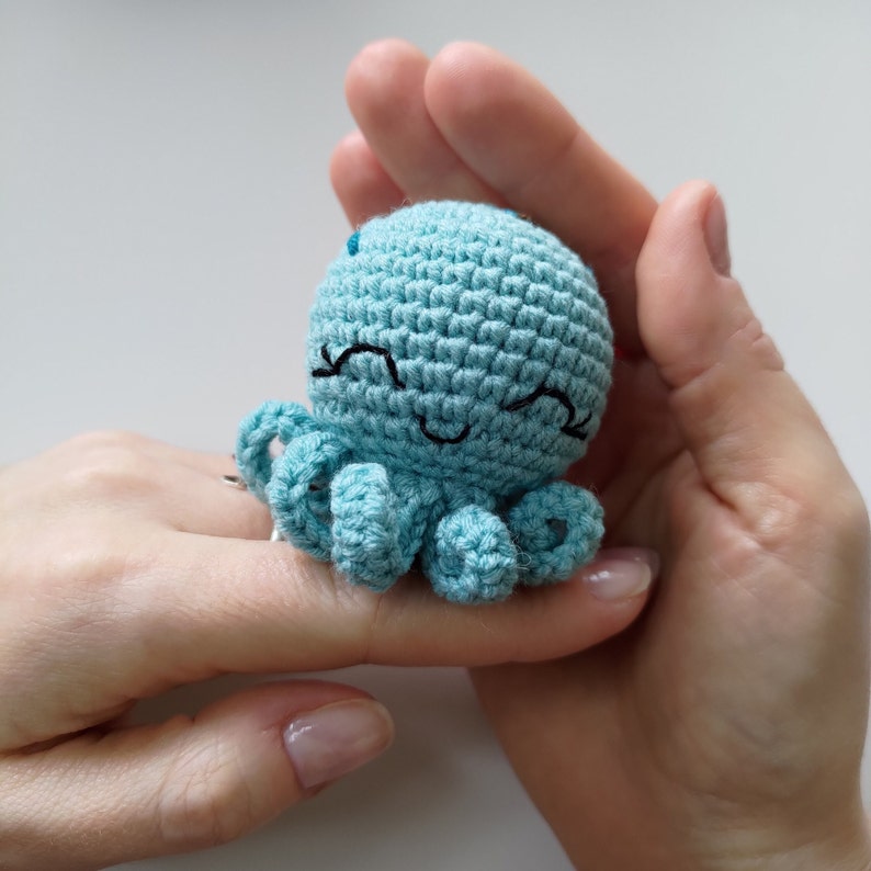 May include: A light blue crocheted octopus with a smiling face. The octopus has eight tentacles and is made of soft yarn.