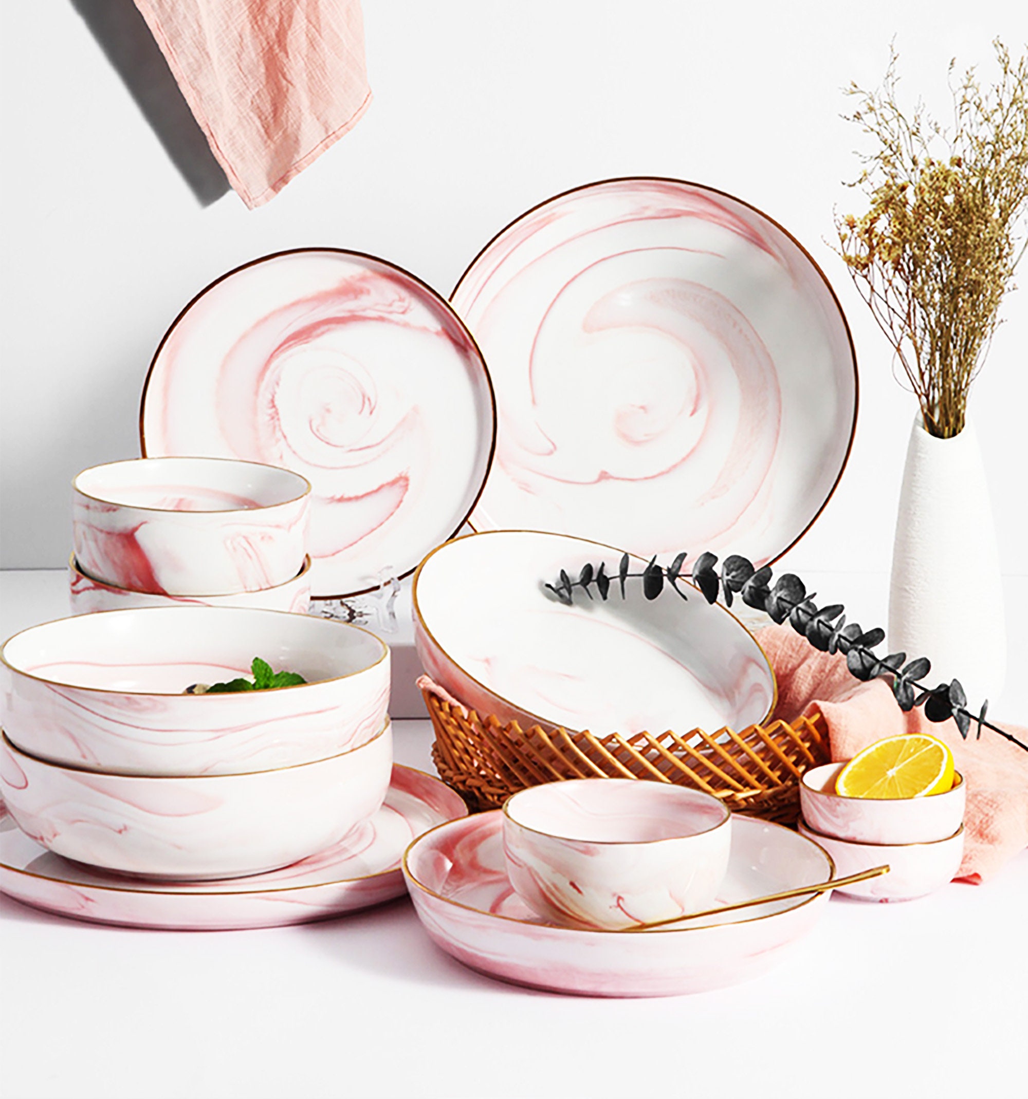 Pink Marble tableware Ceramic Dishes Set Dinnerware set Etsy