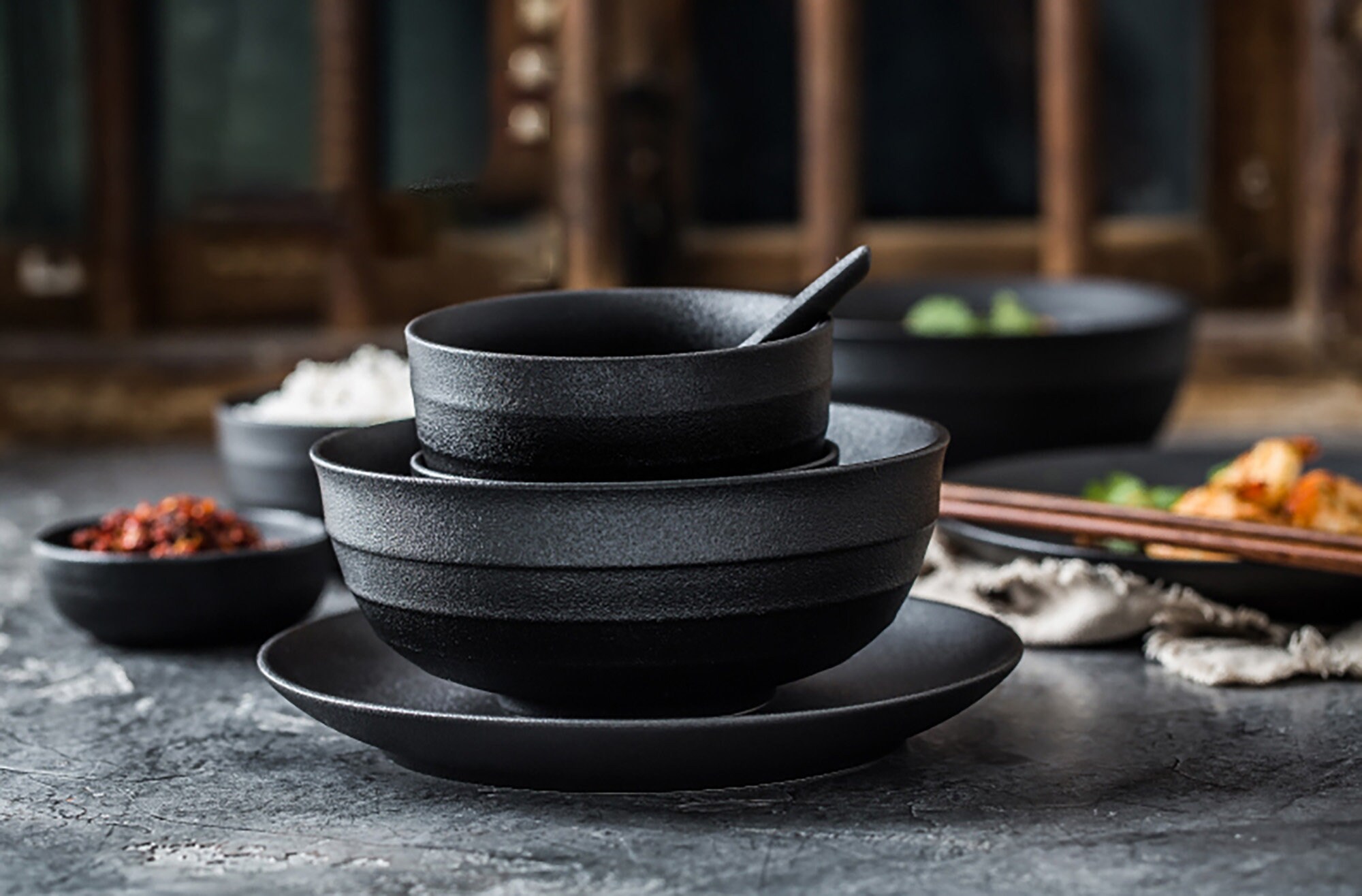 Pure Black Dishes Set Elegant Tableware Pottery Dish Set Etsy