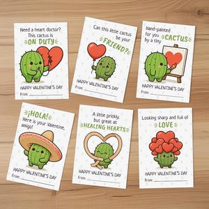 May include: Six Valentine's Day cards with cartoon cacti. Each card features a different cactus design with phrases like "On Duty," "Friend?" and "Love." The cards are white with a light brown wooden background.