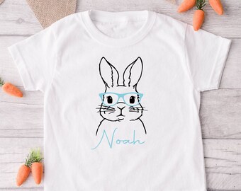 Personalised T-shirt Easter Bunny Rabbit, GLASSES, Customised T-shirt, Your Name Top, Easter Egg Basket Gift, Baby Vest, Baby grow,