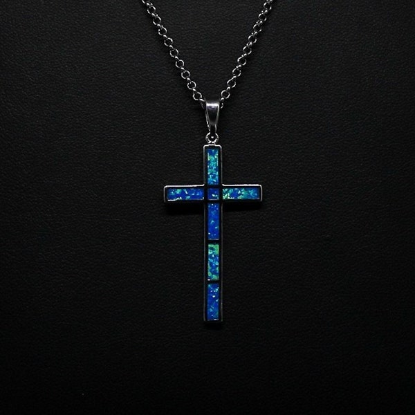 Silver Cross Pendant, Blue Cross Pendant, Opal Pendant , Greek jewelry, Blue Opal Pendant, Cross pendant for all, Silver opal pendant