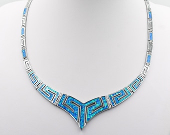 Greek Silver necklace, Greek opal necklace, Silver necklace for Wife, Meander silver necklace, Greek key necklace, Anniversary gift.