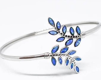 Silver Leaf bracelet, Opal bracelet, Greek Jewelry, Jewelry for wife, Blue opal bracelet, Silver opal  Blue leaf bracelet, Christmas gift.