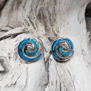 Opal Stud Earrings, Greek Silver Earrings, Silver earrings for wife, Greek jewelry, Greek Earrings,  Blue Opal Earrings,  Spiral Earrings