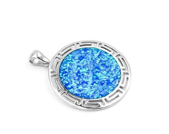 Opal Meander pendant, Greek key opal pendant, Gift for wife, blue Opal pendants, Opal Greek jewelry, Greek jewelry, Anniversary gift,