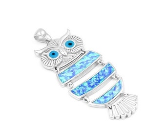 Silver Owl Pendant, Silver Animal Pendant , Opal pendant, Greek Jewelry, Blue Opal Pendant, Gift for wife , Blue opal Pendant,
