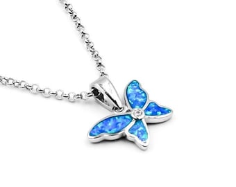 Silber Schmetterling Anhänger, Silber Tier Anhänger, Opal Anhänger, griechischer Schmuck, Blauer Opal Anhänger, Geschenk für Frau, Blauer Opal Anhänger,