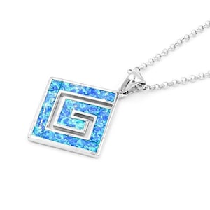 Opal Meander pendant, Greek key opal pendant, Gift for wife, blue Opal pendants, Opal Greek jewelry, Greek jewelry, Anniversary gift,