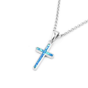 Silver Cross Pendant, Blue Cross Pendant, Greek jewelry, Blue Opal Pendant, Silver Cross pendant for woman, Silver opal pendant