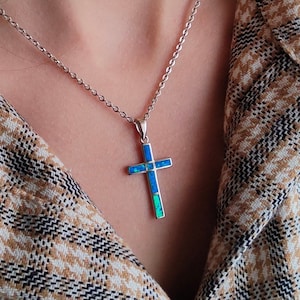 Silver Cross Pendant, Blue Cross Pendant, Opal Pendant , Greek jewelry, Blue Opal Pendant, Cross pendant for all, Silver opal pendant