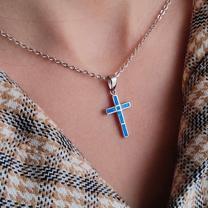Silver Cross Pendant, Blue Cross Pendant, Opal Pendant , Greek jewelry, Blue Opal Pendant, Cross pendant for all, Silver opal pendant