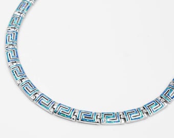 Greek Silver necklace, Greek opal necklace, Silver necklace for Wife, Meander silver necklace, Greek key necklace, Anniversary gift.