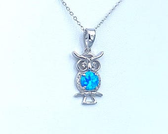 Silver Owl Pendant, Silver Animal Pendant , Opal zircon pendant, Greek Jewelry, Silver Opal Pendant, Gift for wife , Blue opal Pendant,