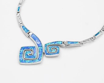 Greek Silver necklace, Greek opal necklace, Silver necklace for Wife, Meander silver necklace, Greek key necklace, Anniversary gift.