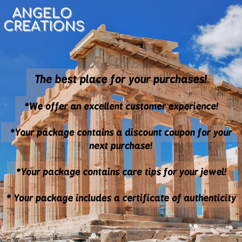 K&ouml;nnte beinhalten: Ein Foto eines antiken griechischen Tempels mit dem Text "ANGELO CREATIONS" oben und dem Text "The best place for your purchases! *We offer an excellent customer experience! *Your package contains a discount coupon for your next purchase! *Your package contains care tips for your jewel! *Your package includes a certificate of authenticity" darunter.
