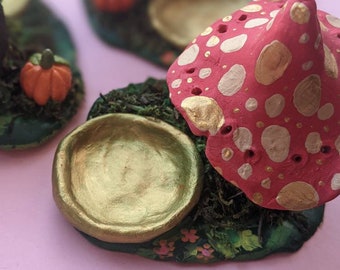 Earring holder, Mushroom, Earring storage, Dish, Bowl, fairycore, frog, ring stack, festival, fairy garden,  clay, sculpture, Toadstool,