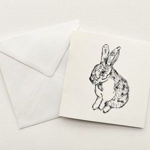 Cartão de felicitações de coelho, cartão de caneta e tinta, cartão de felicitações em preto e branco, arte animal, arte de coelho, arte de coelho, cartão de coelho, cartão em branco