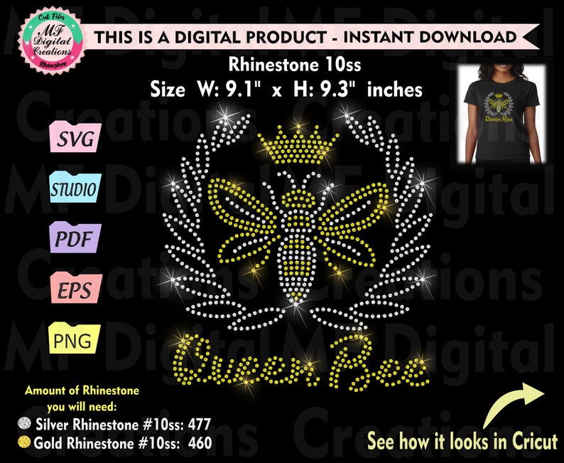 Download Quee Bee Bling Silhouette Cameo Queen Rhinestone Svg Cut File Canvas Quee Bee Rhinestone Template Svg Instant Download For Cricut Clip Art Art Collectibles