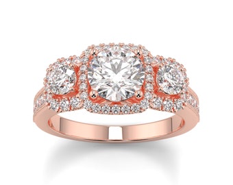 Beautiful 18 Karat Rose Gold Trilogy Halo Diamond Statement Ring