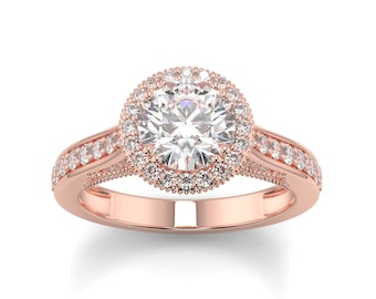 Classic Round Shape Halo Natural Diamond Engagement Ring in 18K Rose Gold