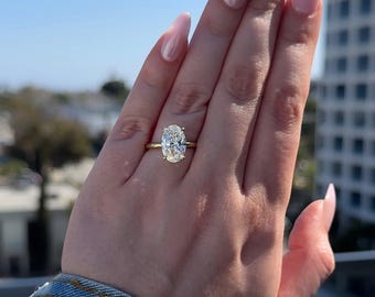 5 Carat Oval Lab Grown Diamond Engagement Ring | Hidden Halo, 14K Gold