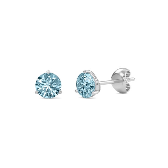 1.00 Carat Fancy Blue Diamond Stud Earrings, Bezel Set, 14K White Gold  Certified Handmade