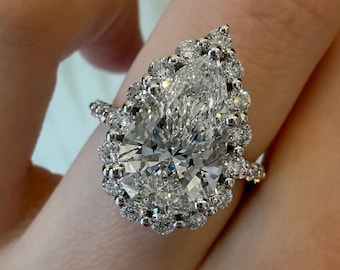 5 Karat Pear Cut Labor gewachsene Diamant Halo-Verlobungsring, IGI-zertifiziertes Pave-Band