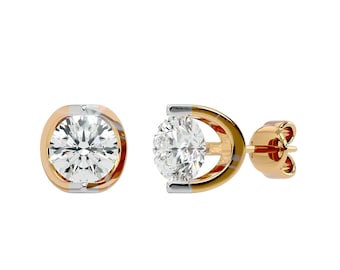 3,00 CTW spanningsset ronde lab-gegroeide diamanten oorknopjes: goud solitair