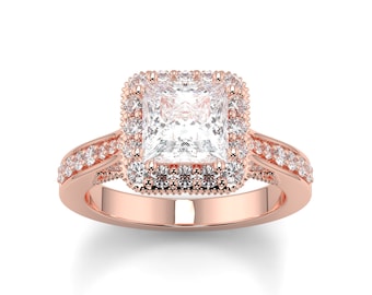 18K Rose Gold Princess Cut Diamond Halo Engagement Ring