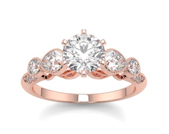 Round Diamond Engagement Ring with Pear Side Stones - Three Stone Ring