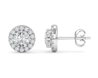 Platina in lab gekweekte diamanten halo-oorknopjes - rond briljant geslepen