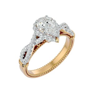 IGI Pear Lab Grown Diamond Halo Engagement Ring: Two-Tone 14K Rose Gold