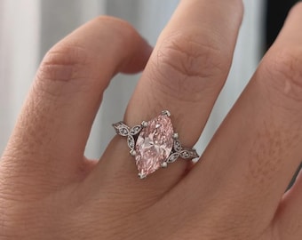 3 Carat Pink Marquise Cut Diamond Vintage Engagement Ring in Platinum, Lab Grown Marquise Ring, Antique Style Custom Proposal Ring