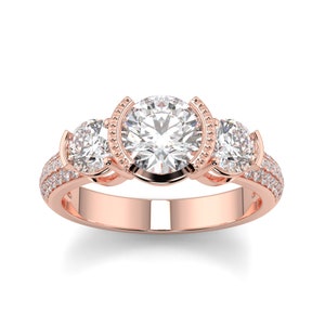 Lab Grown Round Cut Diamond 3 Stone Half Bezel And Half Eternity Trilogy Wedding Ring, Three Stone Ring, Half Bezel Ring, Diamond Ring, Ring