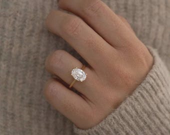 2 Carat Lab Grown Oval Diamond Hidden Halo Engagement Ring in Yellow Gold, Oval Cut Bridal Ring, Luxury Custom Proposal Ring for Women