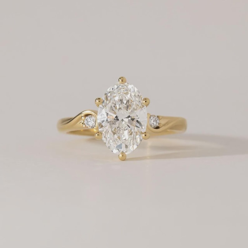2 Carat Lab Grown Oval Diamond Trilogy Engagement Ring in Yellow Gold, Three Stone Bridal Ring, Oval Cut Custom Engagement Ring for Women image 6