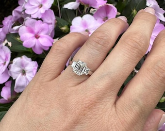 1.50 Carat Emerald Cut Natural Diamond Three Stone Ring with Trapezoid Side Diamonds
