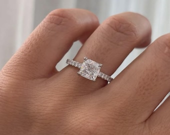 2.00 Carat Lab Grown Cushion Diamond Pavé Engagement Ring in Platinum, Cushion Cut Ring, Luxury Custom Proposal Ring for Women