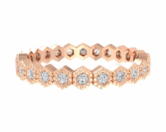 Round Diamond Milgrain Hexagonal Ring, Natural Eternity Band