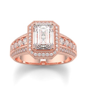 Natural Emerald Diamond Single Halo Wedding Ring With Side Stones, Emerald Rose Gold Ring, Platinum Emerald Ring, Emerald Cut Emerald Ring