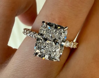 5 Karat Längliche Kissen Labor Diamant Versteckter Halo Verlobungsring mit Rosa Akzenten