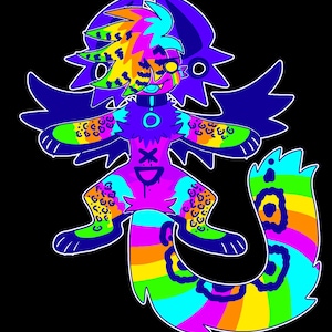 May include: A colorful cartoon creature with wings, a rainbow tail, and a bright pink body. The creature has a black collar with a silver ring and a black choker with a silver ring. The creature has a black X on its chest and a black smiley face on its stomach. The creature has a black eye with a yellow pupil and a black eye with a white pupil. The creature has a black mouth with a white tongue.