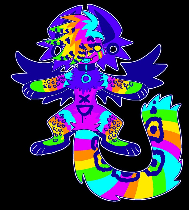May include: A colorful cartoon creature with wings, a rainbow tail, and a bright pink body. The creature has a black collar with a silver ring and a black choker with a silver ring. The creature has a black X on its chest and a black smiley face on its stomach. The creature has a black eye with a yellow pupil and a black eye with a white pupil. The creature has a black mouth with a white tongue.