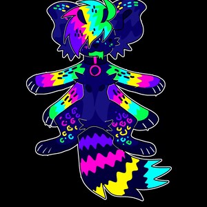 May include: A neon-colored cartoon animal with a black body, pink, blue, green, and yellow markings, and a long, striped tail.
